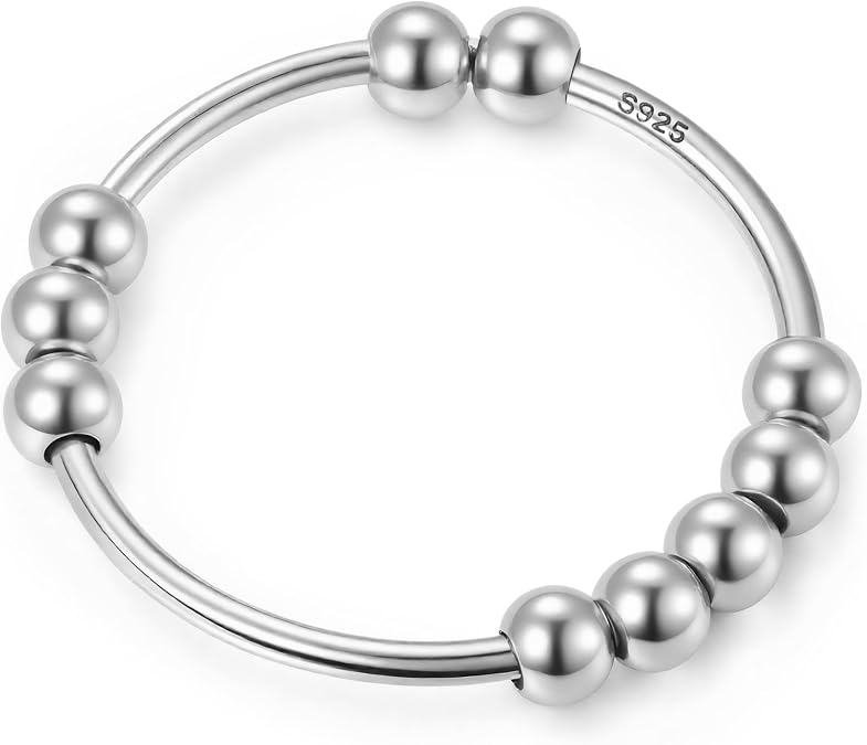 LOVECOM 925 Sterling Silver Anxiety Fidget with Beads Rings for Anxiety Spinner Ring for Women Men 14K Gold Plated Stress Relief Spinning Ring Releases Rotate Thumb Ring Jewelry Christmasn Gifts