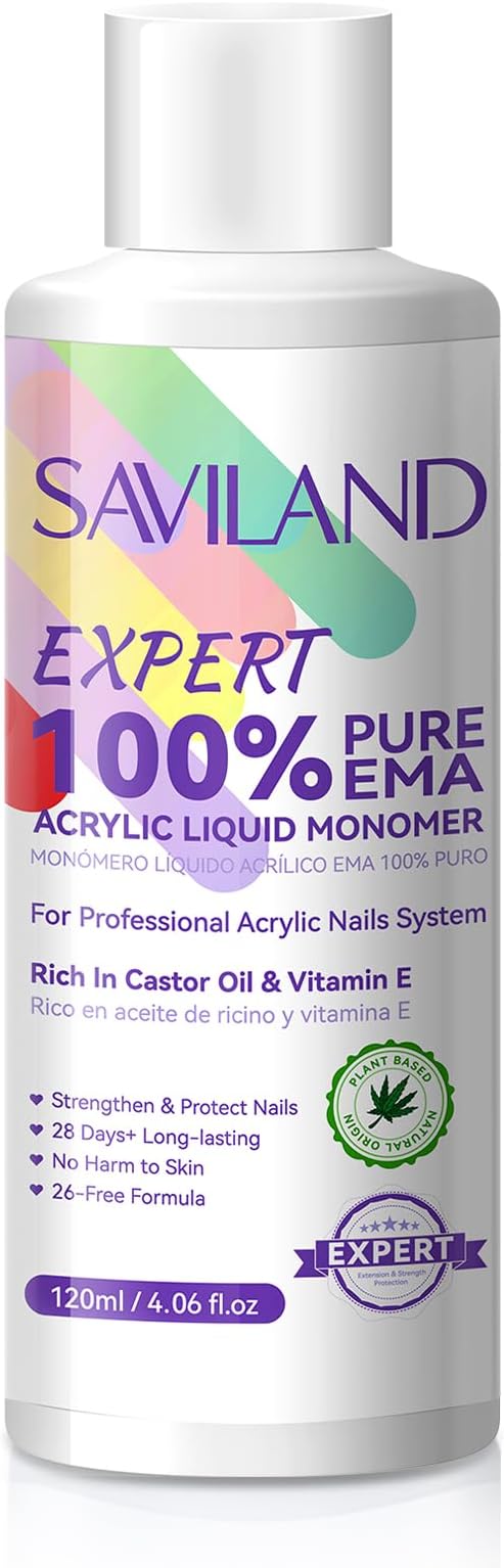 SAVILAND Pure EMA Acrylic Liquid: 120 ml Acrylic Monomer Liquid Low Odor Acrylic Liquid Nail with Castor Oil Vitamin E Safe Ingredients Liquid Monomer for Acrylic Nails Non Yellowing DIY Home