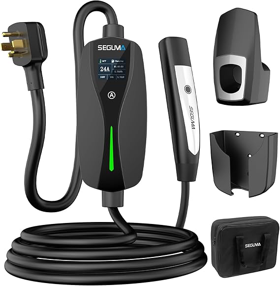 SEGUMA Level 2 EV Charger for Tesla, 24A 240V NACS Charger, NEMA 14-30 Plug | 25FT Extension Cable, Adjustable Current (10-24A), Fit 4-Prong Dryer Outlet, Portable Mobile EV Charger for Tesla &NACS EVs