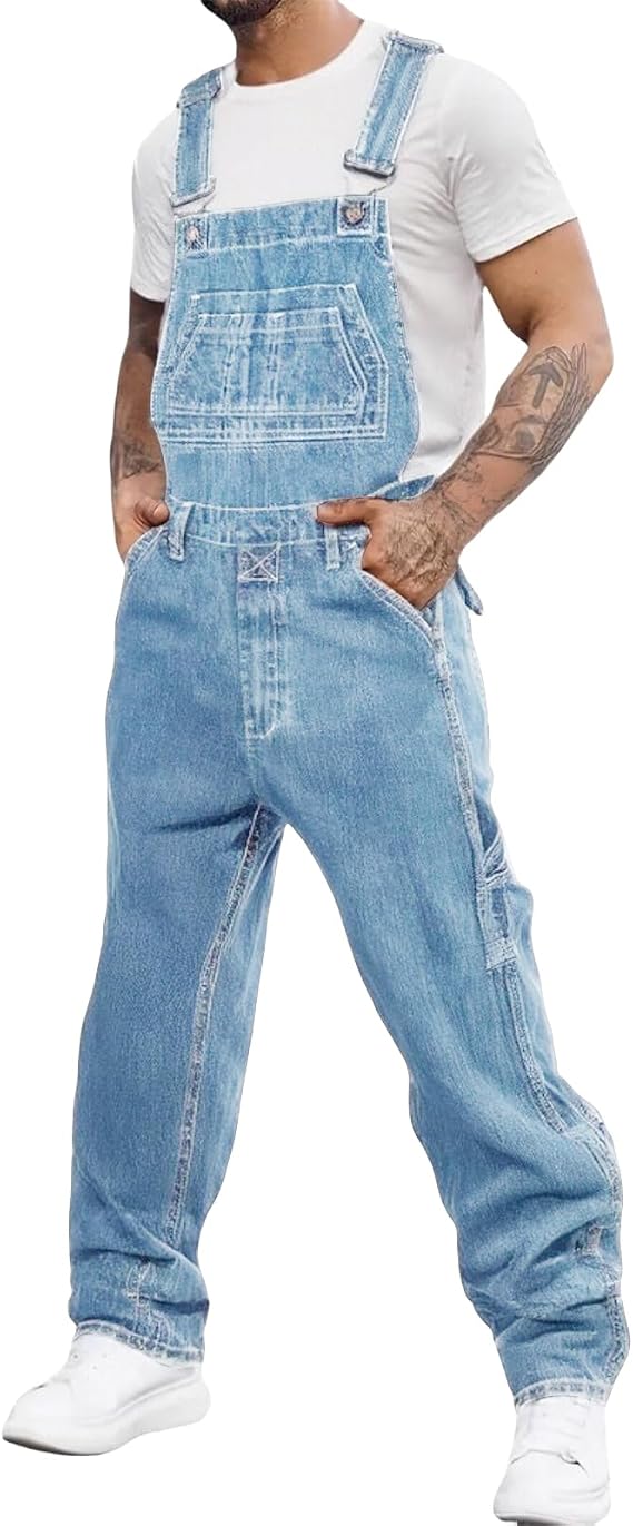 Adjustable Strap Men's Denim Bib Overalls with Multiple Pockets