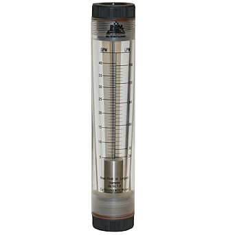 PRM 5-40 GPM Water Rotameter Flow Meter, 1 Inch Female NPT, Acrylic Body with PVC End Tails, Viton Seals, UV Resistant, 4% Accuracy, Max Pressure 85 PSI, Max Temp 125F
