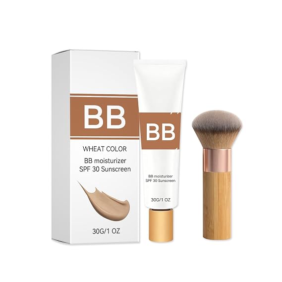 BB Blur Tinted Moisturizer, SPF 30 BB Tinted Moisturizer Cream, Instantly Hydrates Full Coverage with Brush, Creates Matte Effect (Wheat)