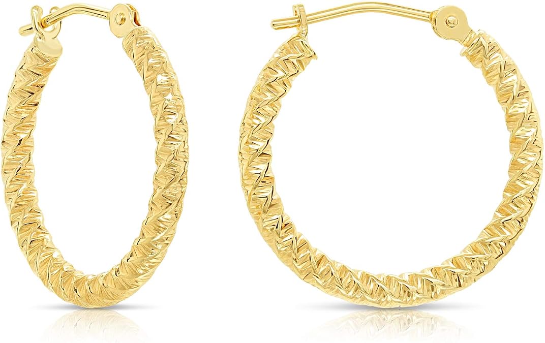 14k Yellow Gold Spiral Textured Round Hoop Earrings, 2mm thickness
