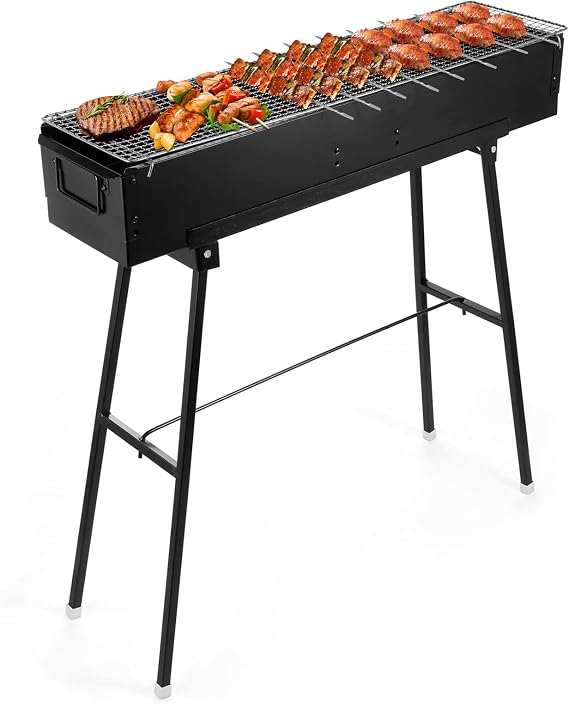 IRONWALLS Portable Charcoal Grill 32 Inch, Black Folding Stainless Steel Barbecue Grill for Outdoor Cooking, Large Lamb Skewer Grill for Patio, Party, Picnic, Travel, Camping, Home & Commercial Use | 32"(L)x8"(W)x32"(H), Stainless Steel Barbecue Grill, Large Lamb Skewer Grill for Camping, Patio, Folding Grill with Stand