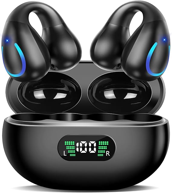 Open Ear Bone Conduction Headphones Bluetooth 5.3 Open Clip Ear Earbuds Built-in Mic with Ear Hooks 60 Hours Playtime Sport Earphones IPX7 Waterproof for Fitness Running Walking Black