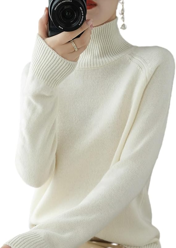 Women's Solid Turtleneck Cashmere Knit Sweater,Wool Fall Winter Casual Long Sleeve Sweaters Crew Neck Pullover