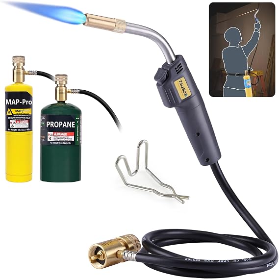 MAPP Gas Torch Kit 25000 BTU, Self-Ignition, Brazing Pipe HVAC | Self-ignition piezo trigger, 4.9ft reinforced hose, CGA600 compatible, solid brass torch head