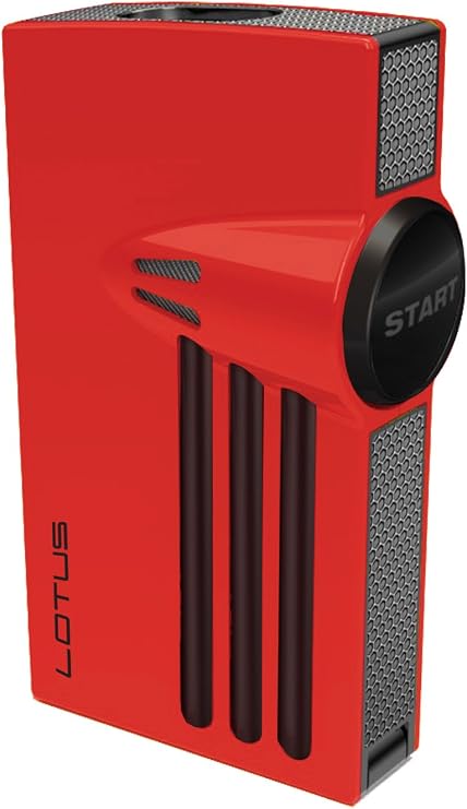 Lotus Orion Cigar Lighter with Double Torch Flames, Single Action Ignition, All Metal Housing, Integrated Cigar Punch (Red Polished & Black Matte)