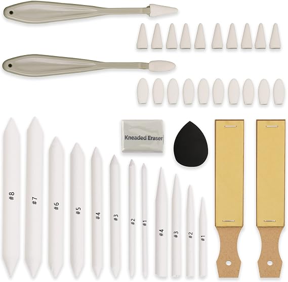 HIFORNY 38 Pieces Sketch Drawing Tools - Stump and Tortillon Blending Tool with Art Sketch Wipe Scraper, Friction Sponge, Scraper, Sandpaper Sharpener