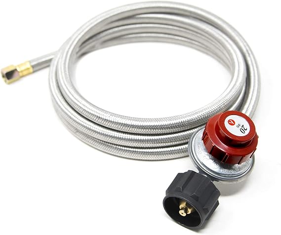 GasOne 8 ft High Pressure Propane 0-20 PSI Adjustable Regulator with 8ft QCC-1 Type Hose - Works with Newer U.S. Propane Tanks (Steel Braided Hose)