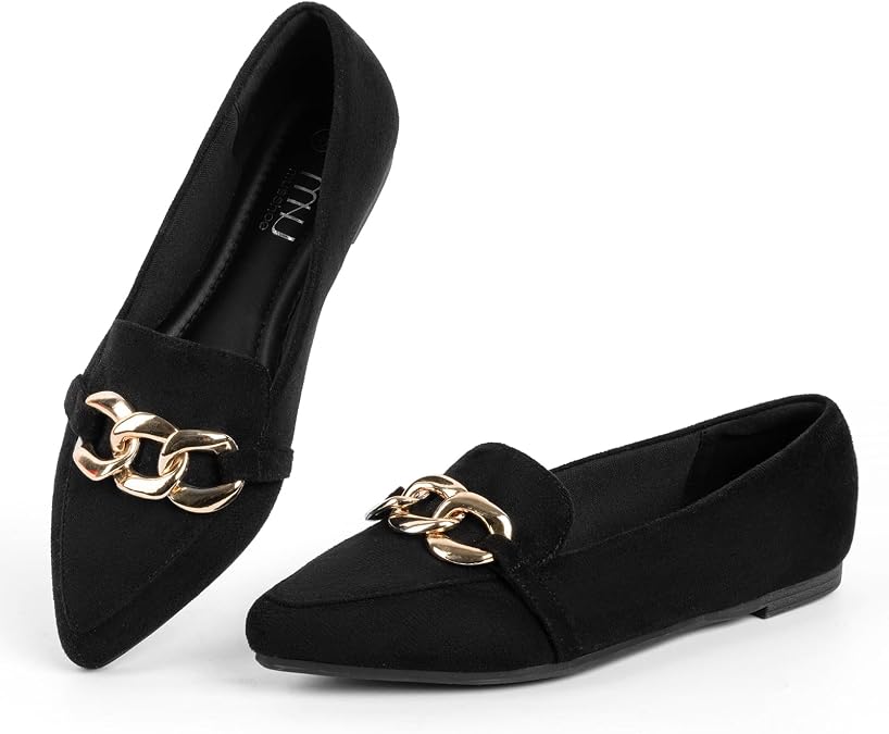 MUSSHOE Loafers for Women Comfortable Flats: Pointed Toe Suede Slip On Dress Shoes with Gold Chain - Memory Foam Arch Support for Business Casual Work Office