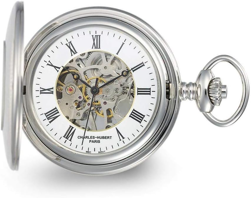 Sonia Jewels Charles Hubert Stainless Hunter Case Shield Skeleton Pocket Watch 14.5" (Width = 5mm)