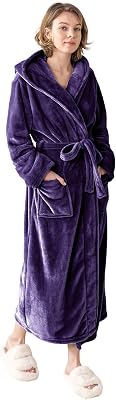 Robes for Women - Hooded Plush Fleece Bathrobe with Sash & Pockets, Full-Length Lightweight Spa Robe