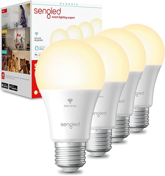 Sengled Alexa Light Bulb, Smart Light Bulbs, Smart Bulbs That Work with Alexa & Google Assistant, WiFi Light Bulbs A19 Soft White (2700K) No Hub Required, 800LM 60W Equivalent High CRI>90, 4 Pack
