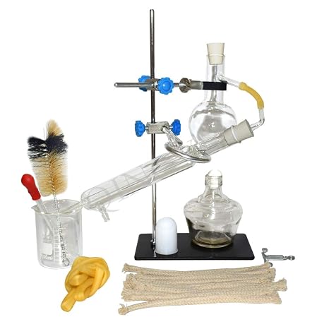 New Lab Essential Oil Extraction Distillation Apparatus Small Lab Distillation Glassware with Straight Condenser Iron Stand Distillation Flask 100ML