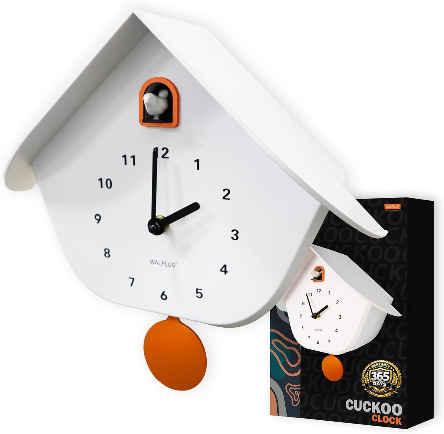 WALPLUS White Matte Cuckoo Clock with Orange Window & Pendulum (32.5cm) - Birdhouse Style, Removable Pendulum