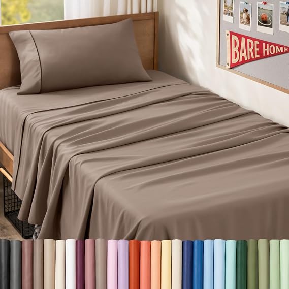 Bare Home Twin XL Sheet Set - 1800 Ultra-Soft Microfiber Twin Extra Long Bed Sheets - Double Brushed - Deep Pockets - Easy Fit - 3 Piece Set - Bedding Sheets & Pillowcases (Twin XL, Taupe)