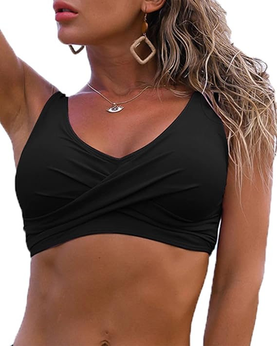 Fanuerg Women's Twist Front Bikini Top V Neck Push Up Padded Swimsuit Top Bathing Suits