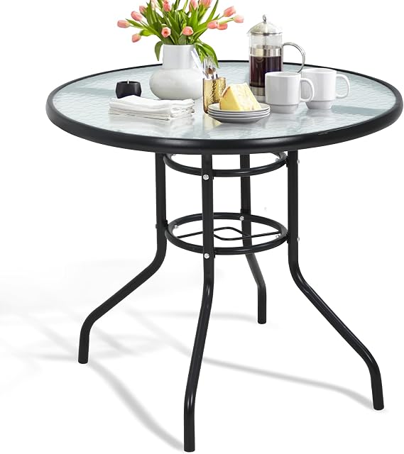 Dkeli Outdoor Table 31.9 Round Bistro Table with Umbrella Hole Tempered Glass Metal Patio Table for Outside,Indoor,Poach, Black