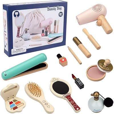 Wooden Makeup Toys Pretend Play Makeup Kit Beautiful Vanity Salon for Girls Makeup Sets for Girls, Christmas Birthday Gift for 4 5 6 7 Years Old Kids