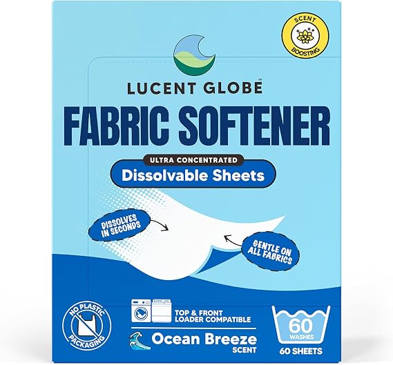 Lucent Globe Fabric Softener Sheets Eco-Friendly Ultra Concentrated Fabric Softener Biodegradable Plastic-Free Packaging Plant-Based + Enzymes (60 Washes) (Ocean Breeze)