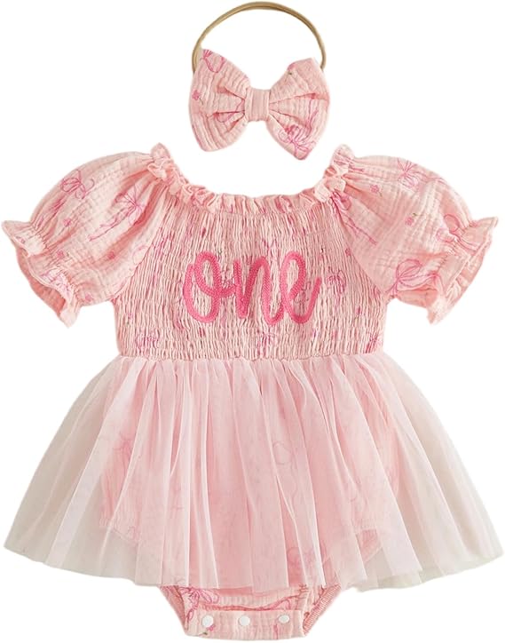 First Birthday Outfit Girl 1st Birthday Gift Long Sleeve Tulle Smocked Romper Dress One Year Old Bodysuit Clothes