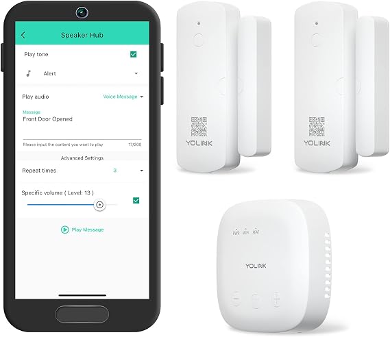 YoLink SpeakerHub & Two Door Sensors Smart Home Starter Kit – Audio Hub Plays Tones/Sounds, Spoken Messages, LoRa-Powered ¼ Mile Range, WiFi Required