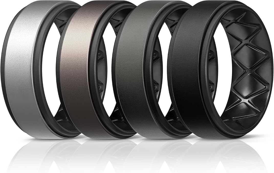 Egnaro Men's Wedding Rings 8mm Wide 2mm Thick Rubber Bands, Breathable and Flexible Step Edge Ring, Variety Multipack 1-7 For Gym Workout Travel Daily Wear