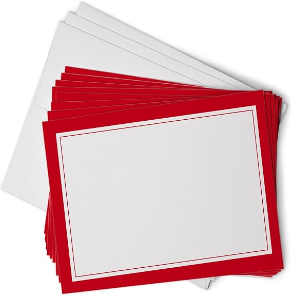 Blank Border Flat Note Cards with Envelopes - 40 Classic Flat Cards with Envelopes - Blank Simple Paneled Non Folding Cards For Business Professional & Formal Events (Red)