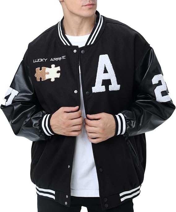 Moshtashio Varsity College Jacket Baseball Jackets Vintage Outwear with Pockets Unisex Coat Patchwork Top