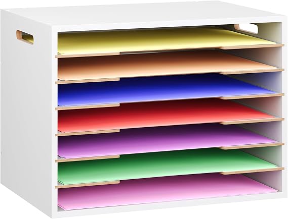 12x18 Construction Paper Organizer Wood, 7 Tier Desk File Organizer with Handle, Stackable Paper Sorter Storage Holder with Adjustable Shelves for Craft Room Home Office Classroom, White