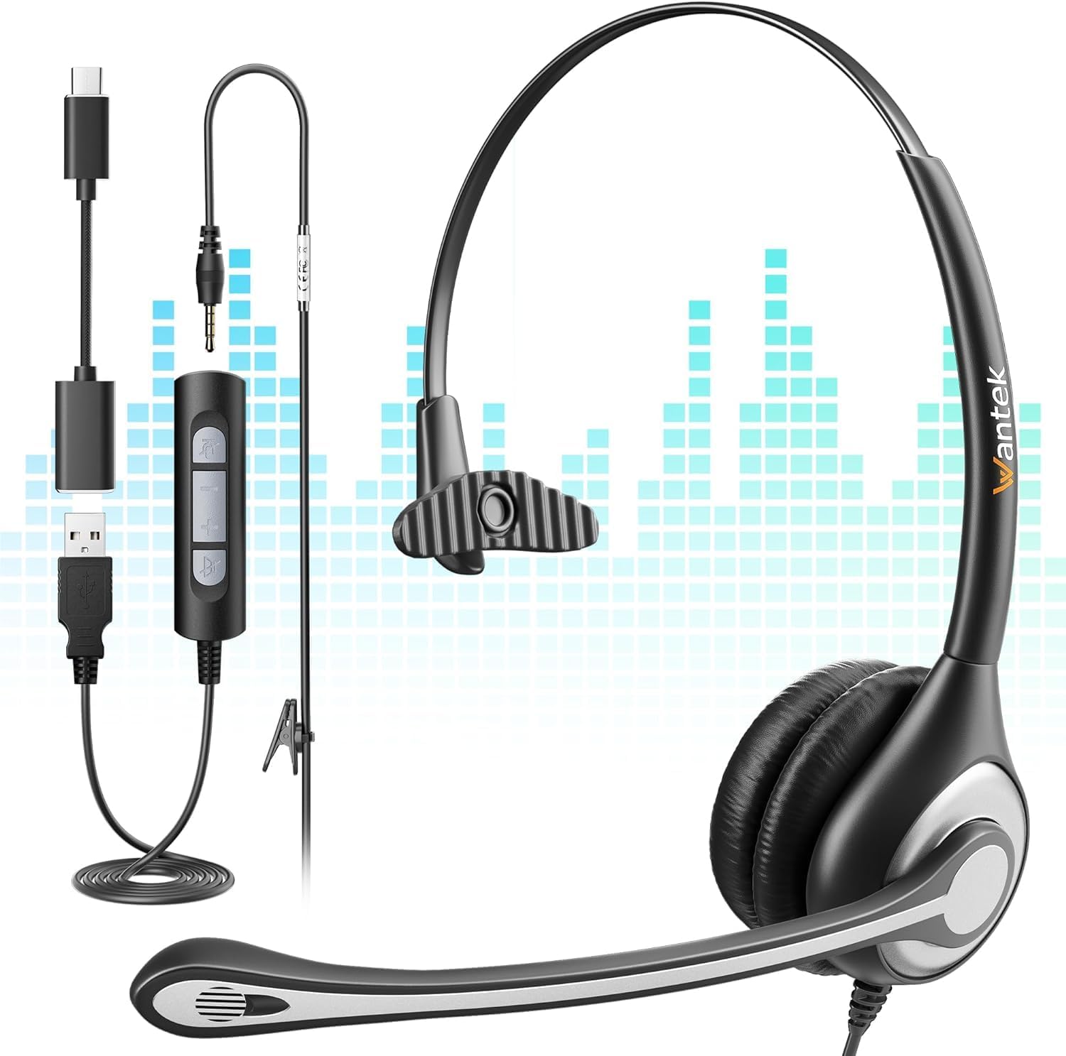 Wantek USB Headset with Microphone for PC Laptop,3.5mmUSBType-C Jack 3-In-1 Headphones with Noise Cancelling &amp;amp; Audio Controls,Teams Headset for Office,Call Center,Work,Mono