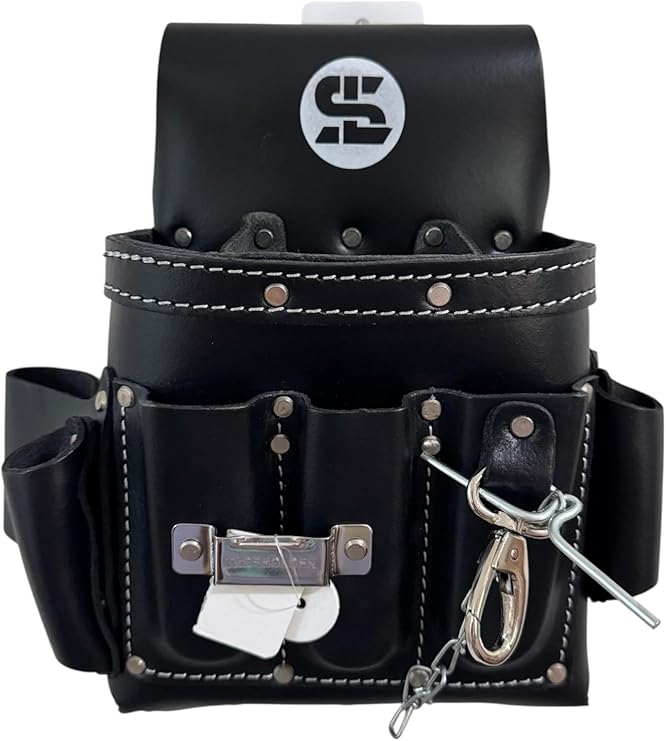 Supreme Leather Oil Tanned Electrician Tool Pouch Bag Kit, Electrical Tool Organizer, 8 Pockets with Tape Holder, Tape Chain and Snap Hook 100% Leather Top Grain