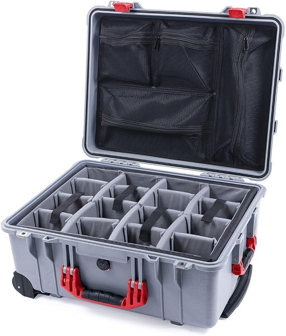 Pelican Protector 1560 Case by ColorCase - Silver - Waterproof Case with Gray Padded Microfiber Dividers & Mesh Lid Organizer - Red Handles & Latches