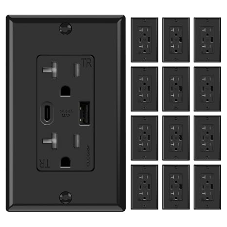 ELEGRP USB Wall Outlets 12 Pack, 20 Amp USB C Wall Outlets Receptacles, Outlets with USB A and USB C Ports, Tamper Resistant Receptacle, Wall Plate Included, UL Listed, Black