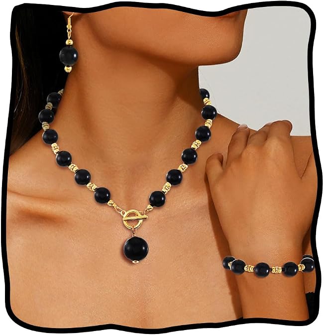 JEAIRTS 3Pcs Pearl Jewelry Set Gold Chunky Necklace Earrings Bracelet Sets