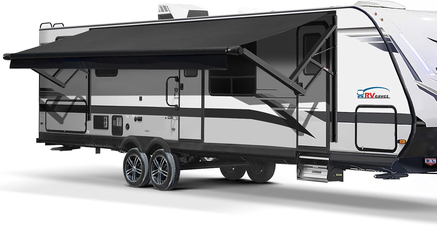 RV Awning Fabric Replacement, Patio Vinyl Outdoor Canopy for Campers, Trailers, and Motorhomes Black Solid, 10Fabric 92