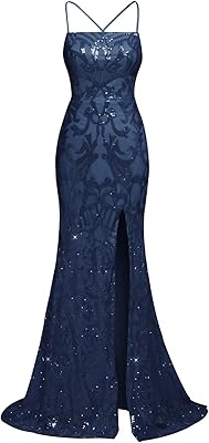 Basgute Womens Sequin Lace Prom Dresses with Slit Mermaid Long Corset Sparkly Formal Evening Party Gown