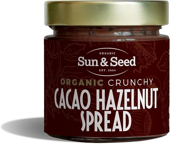 Organic Crunchy Cacao Hazelnut Spread by Sun & Seed - 200g - No refined Sugar - Plant Based - No palm Oil - 100% Organic Hazelnuts - Vegan Spread