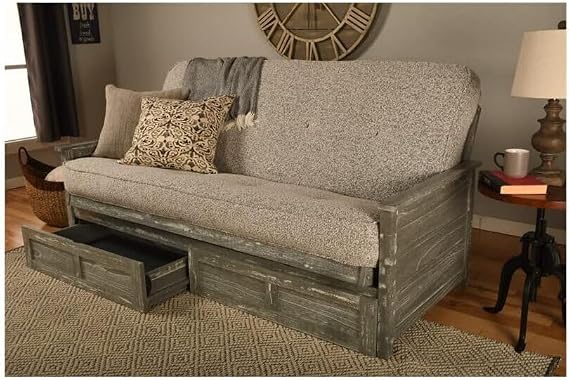 HomeStock Full Size Futon Frame with Storage Drawers, Weathered Finish Sofa Bed 79" Gray/Weathered Gray