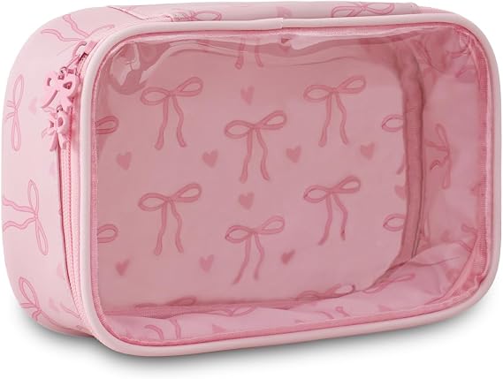 DYSHAYEN Clear Makeup Bag, Pink Bow C | Pu Leather, Small Travel Cosmetic Bag, for Women Girls, Gifts for Girlfriend Mom Bridesmaid