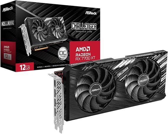 ASRock Radeon RX 7700 XT Challenger 12GB OC Graphics Card, AMD RDNA 3 Architecture, 12GB GDDR6, 2584 MHz Boost Clock, 3X DisplayPort 2.1, 1x HDMI 2.1, Dual Fan Cooling