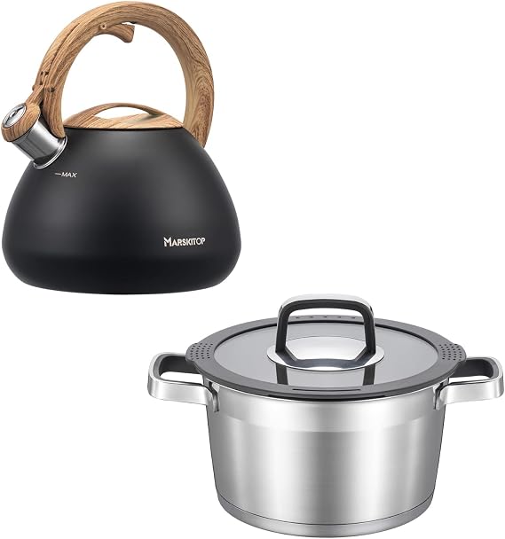 MARSKITOP Whistling Tea Kettle Black and 3QT Stock Pot