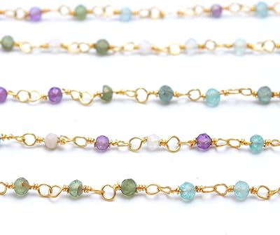 RARE GEMSTONE | Multi Color Stones Chalcedony Rosary chain, 24K Gold Plated beaded chain rosary style Size - 1 MM, 3 Foot Gemstone rosary chain for jewelry making, Gemstone Handmade Stone Chain{RC-19}