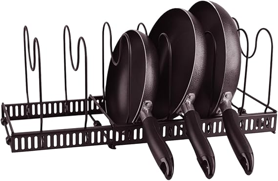 Expandable Pans Organiser Rack, 10 Adjustable Compartments, Ideal for Kitchen Storage & Organisation, Cupboard Organiser, Efficient Kitchen Cupboard Organiser Solution
