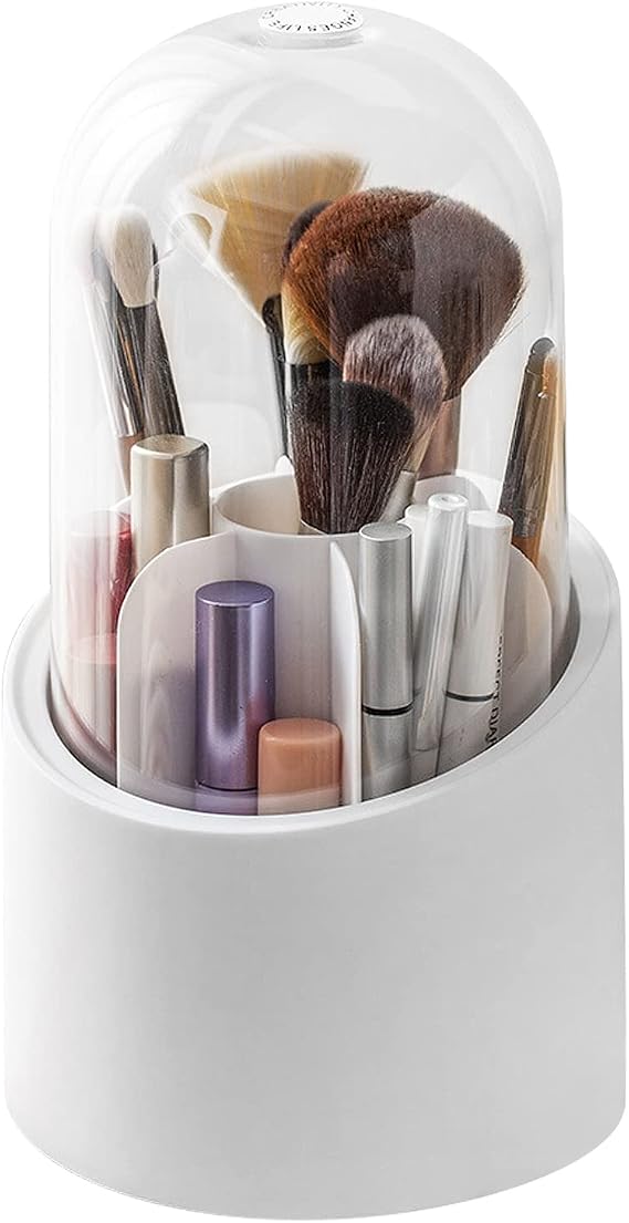 Makeup Brush Holder, Makeup Brush Holder with Lid, 360°Waterproof and Dustproof Rotating Makeup Organizer, Cosmetic Storage Box, Suitable for Storage Cups in Bedrooms, Dressers, Bathroom Countertops