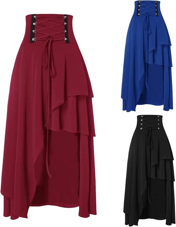 Womens Gothic Skirt UK Sale Clearance Irregular Hem Outfits Skirt Loose Skirt Drawstring Skirt Long Ankle Pleated Skirt Vintage Medieval Skirt Victorian Dress Renaissance Clothes Halloween Costume