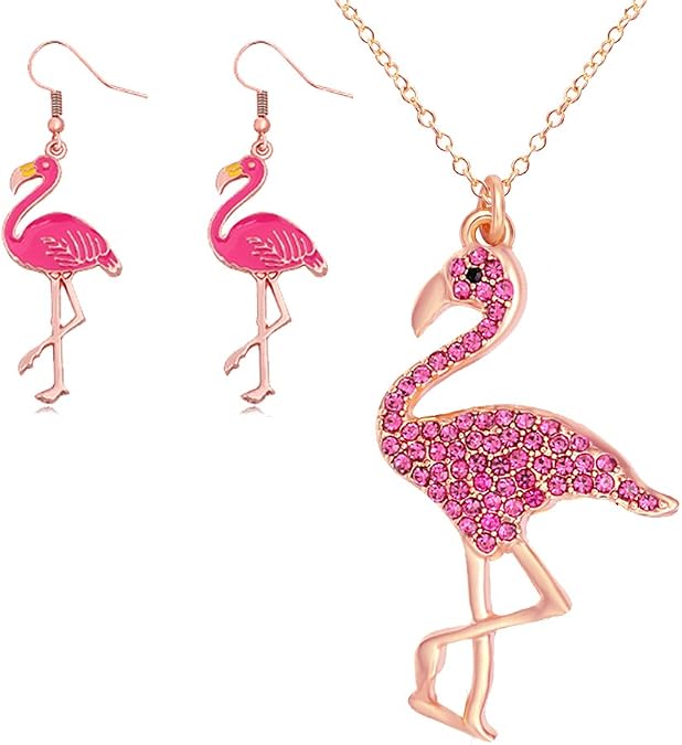 Pink Flamingo Bird Bracelet/Pendant Necklace/Dangle Earrings Jewelry Set for Women (Necklace + Earrings, rose-gold-plated-base)
