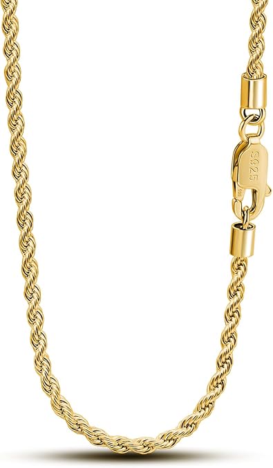 Silver Chain/Gold Chain 3mm Diamond Cut Rope Chain s925 Sterling Necklace Braided Twist Chain Necklace