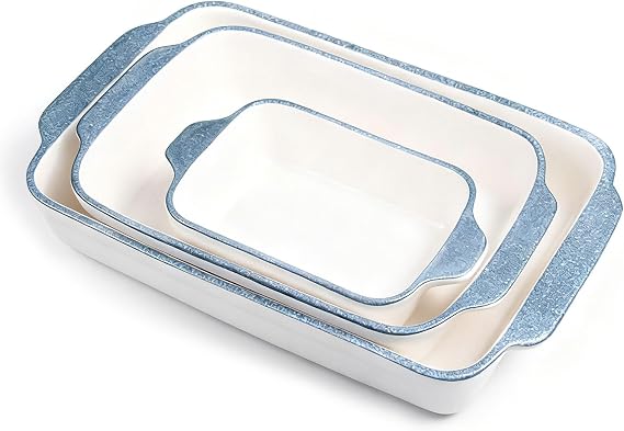 Baking Dishes, Ceramic Bakeware Sets of 3, Porcelain Baking Pan with Handle | Rectangular Oven Safe and Durable Wide Baking Dish for Roasting, Lasagna, Pie, Baking Meat, Vegetables 10.6"/8.6"/5.9"